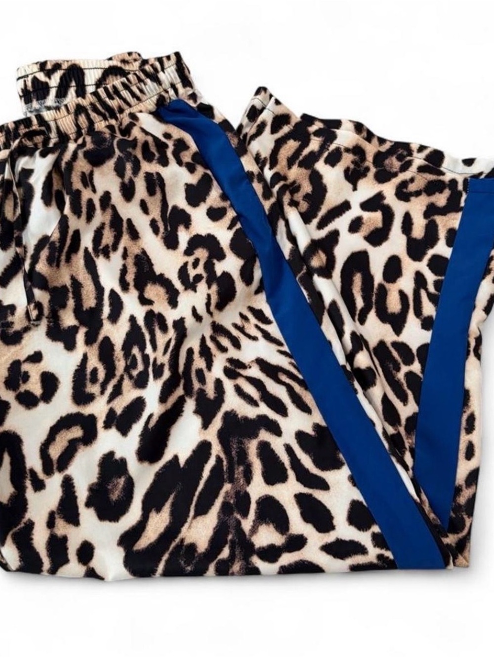 Leopard Print Joggers with Blue Side Stripe